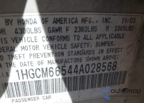 2004 Honda Accord 3.0 Ex from USA, damaged, VIN 1HGCM66544A028568